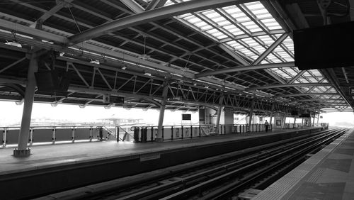 Railroad station platform against clear sky