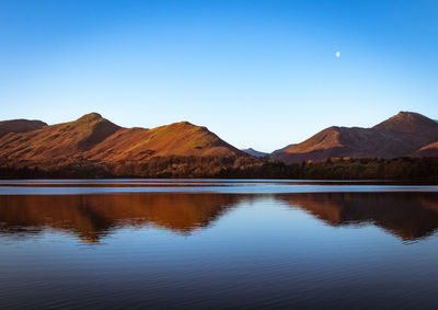 Scenic view of lake and mountains against clear blue sky