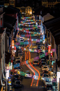 High angle view of illuminated city at night