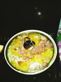 High angle view of soup in bowl