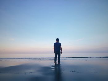 Rear view of man standing on beach at sunset