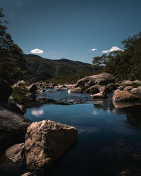 Scenic view of lake against blue sky