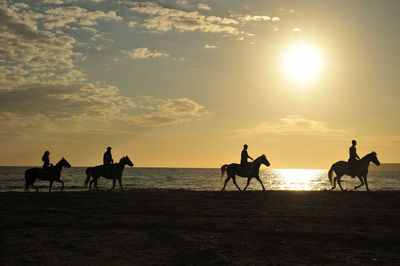 Silhouette people and horces against sky during sunset