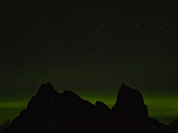 Low angle view of silhouette mountain against sky at night