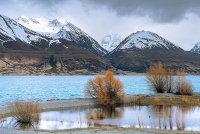 Scenic view of lake against sky. morning view of lake pukaki east bank.