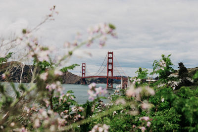 View of suspension bridge against cloudy sky