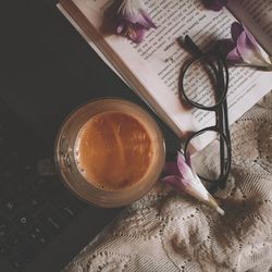 High angle view of coffee cup on table