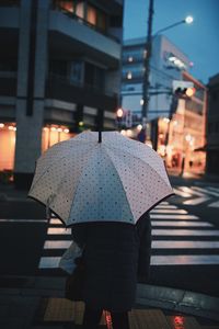 Rear view of man holding umbrella while standing in city