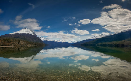 Scenic view of lake and mountains against sky