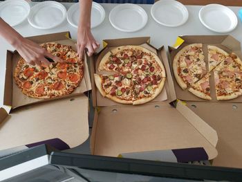 High angle view of pizza on table