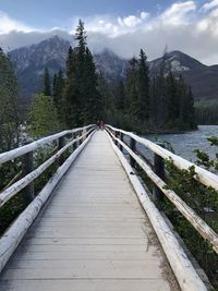 Footbridge amidst trees against sky