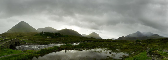 Panoramic view of lake and mountains against sky