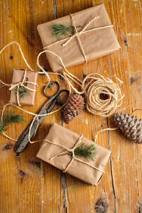 Handmade gifts from craft paper and tied with rope