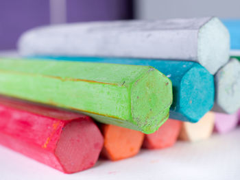 Close-up of multi colored candies on table