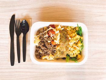 High angle view of breakfast served on table