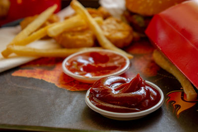 Close-up of dessert served on table