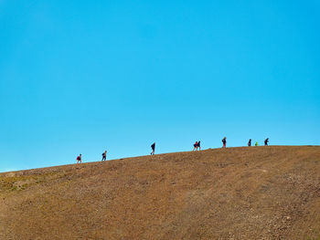 People on field against clear blue sky