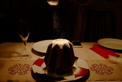 Close-up of dessert served on table