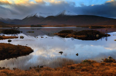 Scenic view of lake and mountains against sky