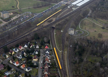 High angle view of vehicles on road in city