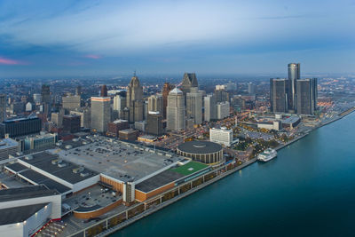 High angle view of city at waterfront