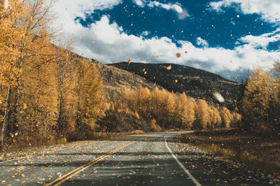 Road amidst trees against sky during autumn