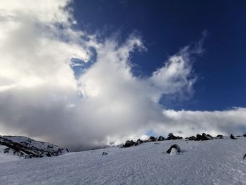 Scenic view of snow covered mountains against sky