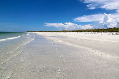 Scenic view of beach against blue sky