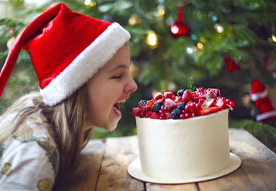 Midsection of woman with red christmas tree