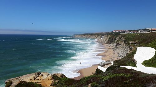 Scenic view of sea against clear blue sky