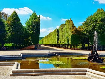 Fountain by trees against sky