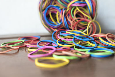 Close-up of multi colored pencils on table