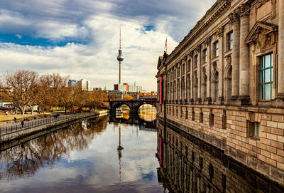 Bridge over river with buildings in background