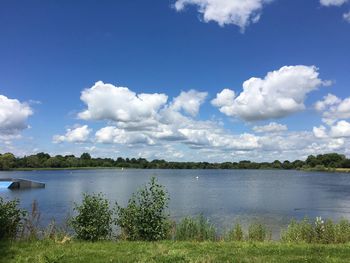 Scenic view of lake against cloudy sky