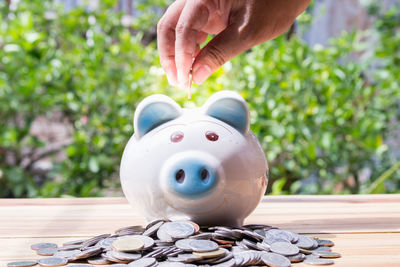 Cropped hand putting coin in piggy bank on table