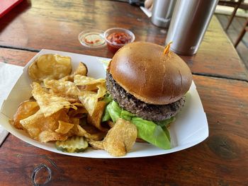 High angle view of food served on table