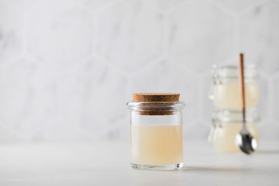Bone broth soup in glass jars for storage. the concept of healthy eating. copy space.