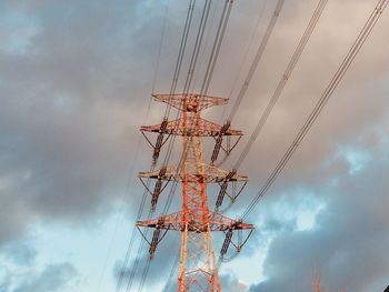 Low angle view of electricity pylon against sky