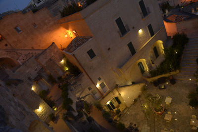 High angle view of illuminated buildings at night