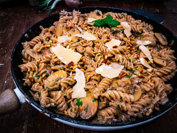High angle view of food in cooking pan