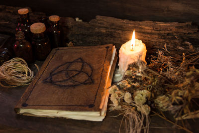 High angle view of candles on table