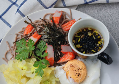 High angle view of breakfast served on table