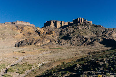 Scenic view of rocky mountains against clear blue sky