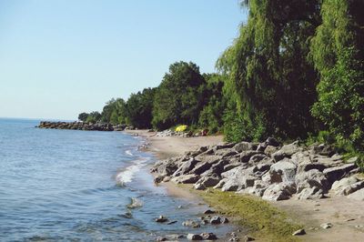 View of calm blue sea against clear sky