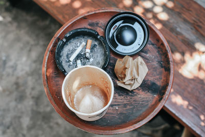 High angle view of coffee on table