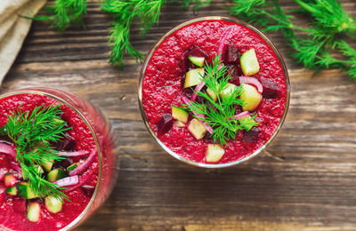 High angle view of fruits in bowl on table