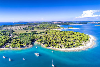 High angle view of bay against clear sky