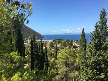 Panoramic view of trees and buildings against blue sky