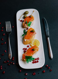 High angle view of food in plate on table