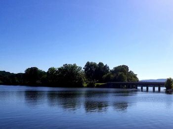 Scenic view of lake against clear blue sky